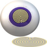 eye with a purple iris and yellow maze for the pupil; the maze projecting below it
