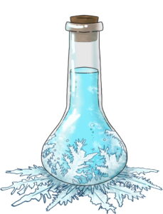 sky blue potion in a bottle, frost forming around it and extending from it