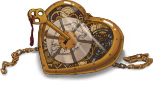 brass clock-like heart with a key in its keyhole