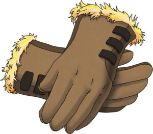 brown leather gloves with yellow fur trim