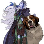 light blue-skinned elf wearing a crystal crown, holding a necklace pendant, wearing a cloak with constellations on the inside, standing next to a large St. Bernard dog.