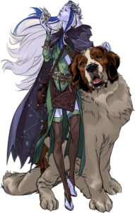 light blue-skinned elf wearing a crystal crown, holding a necklace pendant, wearing a cloak with constellations on the inside, standing next to a large St. Bernard dog.