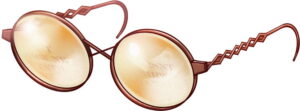 copper-framed spectacles with printed sepia pages reflected in the lenses