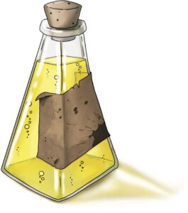 tall pyramid-shaped potion bottle with blank label and yellow bubbling liquid inside