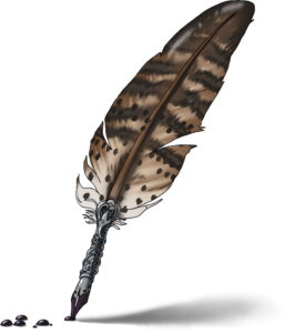 Brown pheasant feather with drops of black ink beading from the metal pen quill, Braille design on the feather