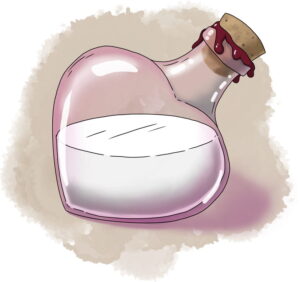 pink heart-shaped flask with white liquid within