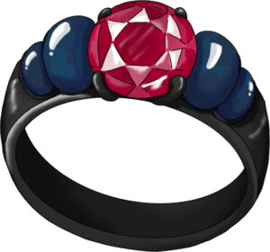 black ring, red central gem and 2 cobalt gems on each side of red gem