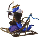 Blue dragonborn with dwarfism sitting on a sack in a wheeled sled aiming a shortbow, 2 javelins in sled