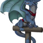Blue pseudodragon on a stand wearing a red service collar