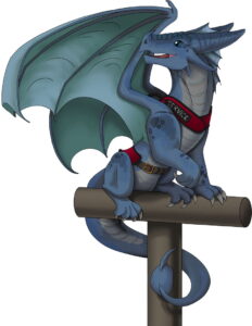 Blue pseudodragon on a stand wearing a red service collar