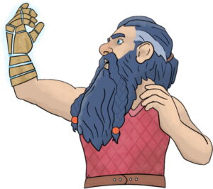 dwarf holding up a glowing prosthetic arm and hand