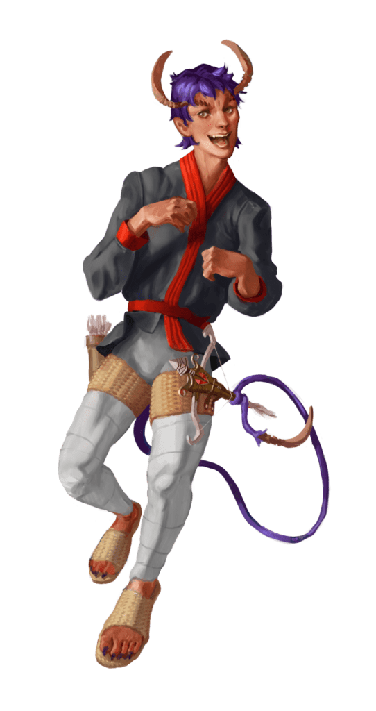 tiefling pulling a hand crossbow with his tail, crossbow mounted on his thigh, hands and arms constricted