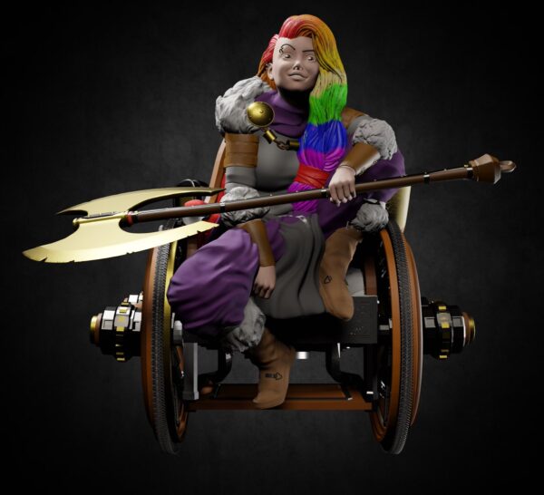 3D color mini of beardless dwarf, head shaved on right side, long rainbow hair on left;; purple & leather fur outfit; holding large bloody double-bladed axe and sitting in a rugged wheelchair
