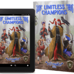 Book & tablet showing cover of Limitless Champions: halfling with Down Syndrome playing a drum, tiefling monk with cerebral palsy, blind tiefling with ornate cane, blue dragonborn on sled with shortbow