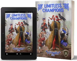 Book & tablet showing cover of Limitless Champions: halfling with Down Syndrome playing a drum, tiefling monk with cerebral palsy, blind tiefling with ornate cane, blue dragonborn on sled with shortbow