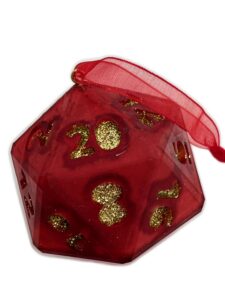 red D20 ornament with gold glitter numbers and red ribbon