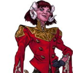 tiefling with ram horns, pink skin, short maroon hair, high-neck red uniform-like jacket, cutlass on belt