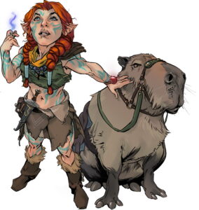 gnome with braided red hair, rugged olive half shirt & khaki louncloth, teal tribal tattoos, dagger on belt, red bracelet, glowing daisy ring, hand on service capybara
