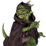 green kobold with a blue brooch fastened to a brown hooded cloak