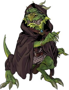 green kobold with a blue brooch fastened to a brown hooded cloak