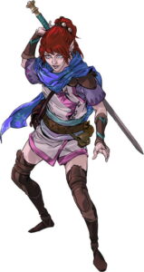elf wearing purple & blue, drawing greatsword from back