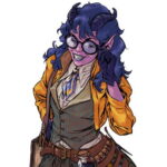 purple tiefling with round glasses, potions on leather belt, book on shoulder strap