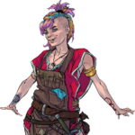 half-elf with multicolor hair wearing a leather tool apron