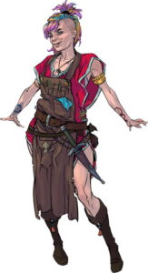 half-elf with multicolor hair wearing a leather tool apron