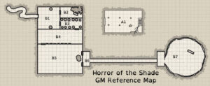 GM Reference Map: A square grid map. A1 is a rectangle by itself. B1 is a square at the right end of a twisting tunnel. B2 & B3 are attached congruent horizontal rectangles that together form a square congruent with B1 to its right. Doors connect B1 with B2 & B3. B3 has a door leading to B4 below, a rectangle the width of the squares above but slightly narrower length. B4 has a door leading to B5 below, the same width and twice the length of B4. 2 doors to the right connect to B6, 2 small platforms connected by a long narrow horizontal bridge, leading to B7 on the far right, a large irregular circle.