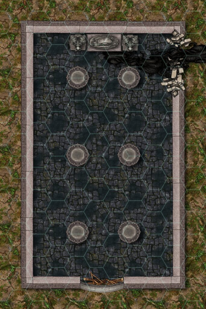 A temple map with a broken doorway at the bottom, 6 pillars throughout, statues at the top, and large black roots breaking into the top right wall., hex grid