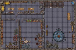 basement map: northwest: stairs & kitchen, southwest: wet larder, south: dry larder, east: dungeon with 3 cages, door to tower portal, large steampunk machines