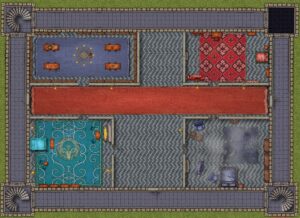 castle level with rooms in 4 quadrants & red carpet along horizontal hallway