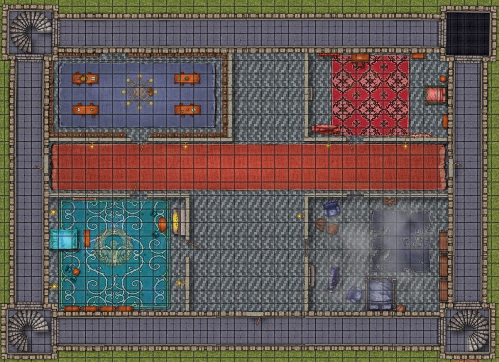 castle level with rooms in 4 quadrants & red carpet along horizontal hallway