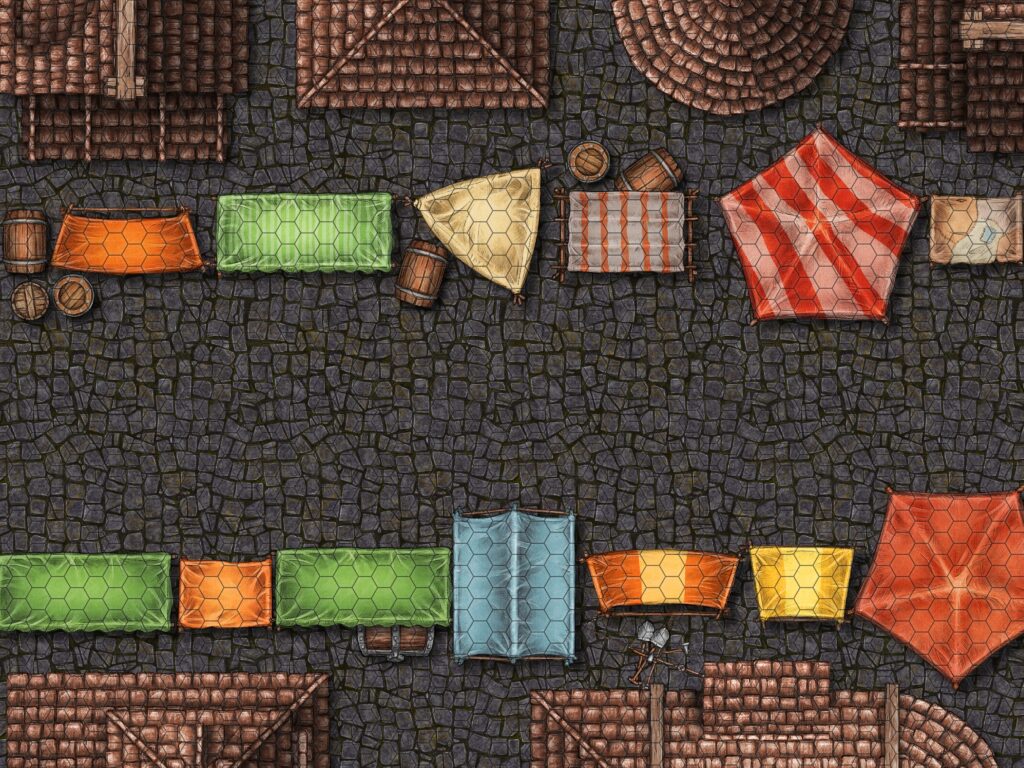 Map of horizontal street, slate roof buildings and merchant tarps, square grid