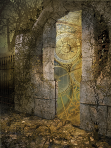 Castle gateway, brass clock designs through the gate