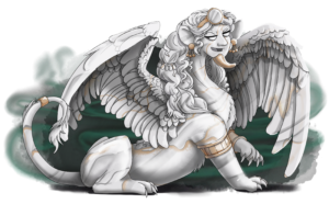 gold and alabaster gender-ambiguous winged sphinx