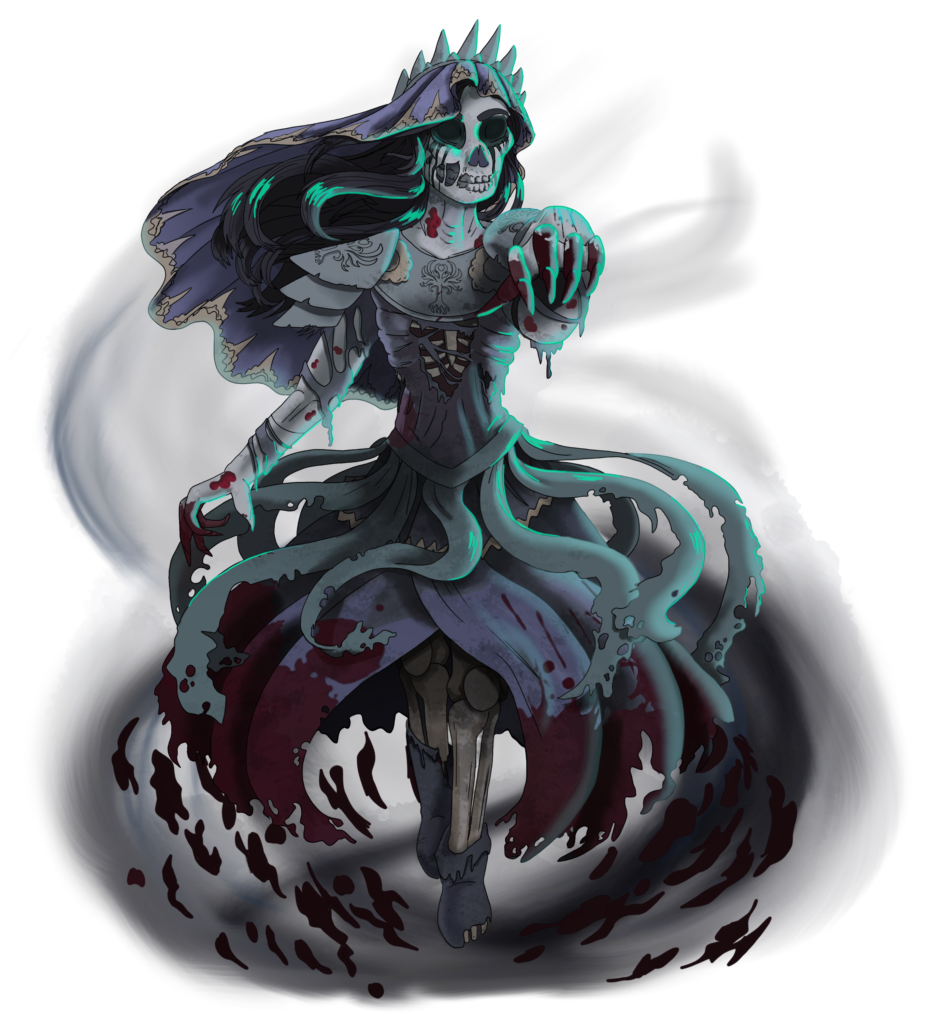 skeletal humanoid in a decaying blood-soaked black dress and veiled tiara with a green glow, hovering