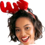feminine head wearing red antlers with white snowflakes on them