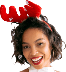 feminine head wearing red antlers with white snowflakes on them