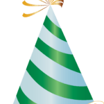 green & white striped conical party hat with gold fluff at top