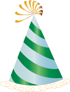 green & white striped conical party hat with gold fluff at top