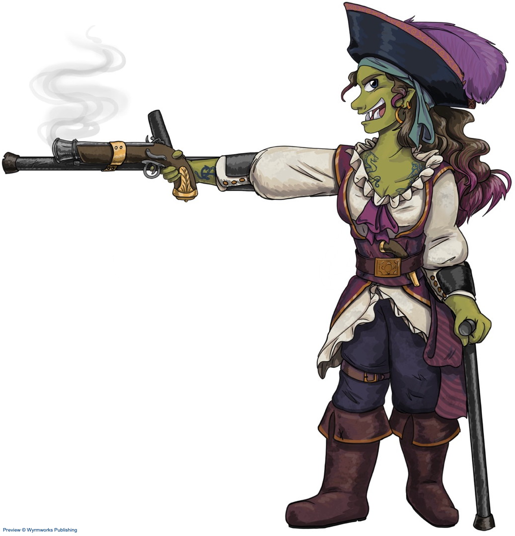 fem half-orc pirate with canes and musket