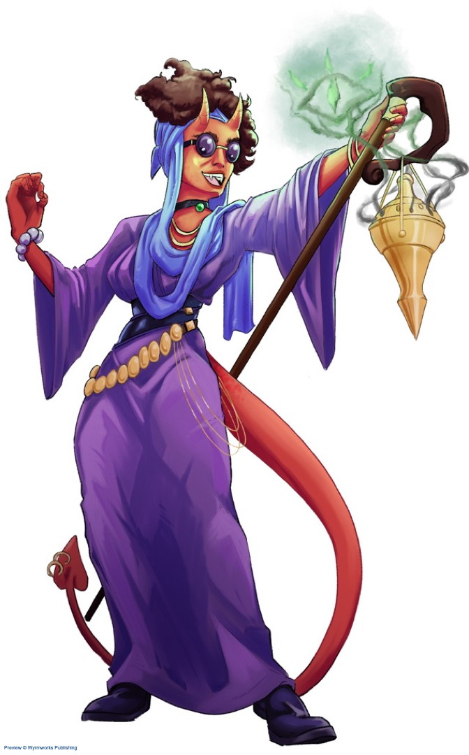 blind tiefling with staff and censer with eye-shaped glyph