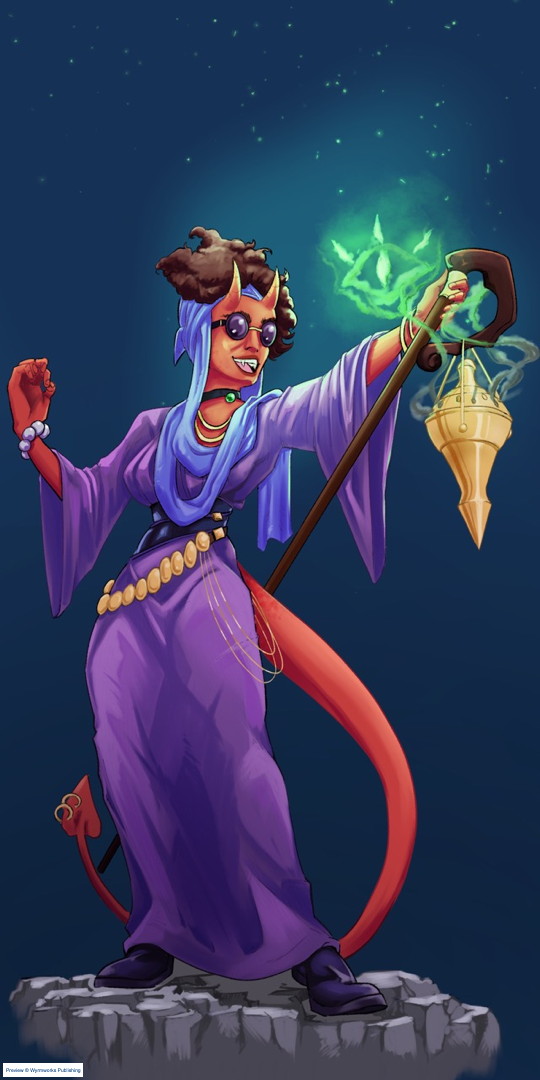 blind tiefling with staff and censer with eye-shaped glyph, night background