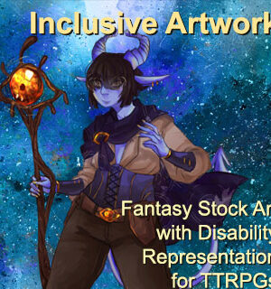Inclusive Artwork: Fantasy Stock Art with Disability Representation for TTRPGs; purple tiefling with magic eye staff