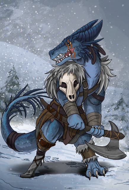 blue dragonborn barbarian in snow with prosthetic leg
