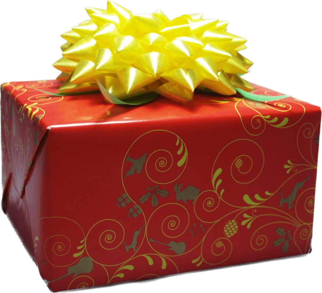 gift box with red paper and a yellow bow