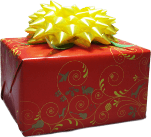 gift box with red paper and a yellow bow