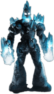 blue white & gray icy humanoid with skulls & rock