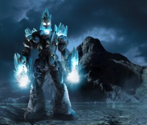 humanoid ice elemental: blue, rocks, and skulls. Mountains in background.